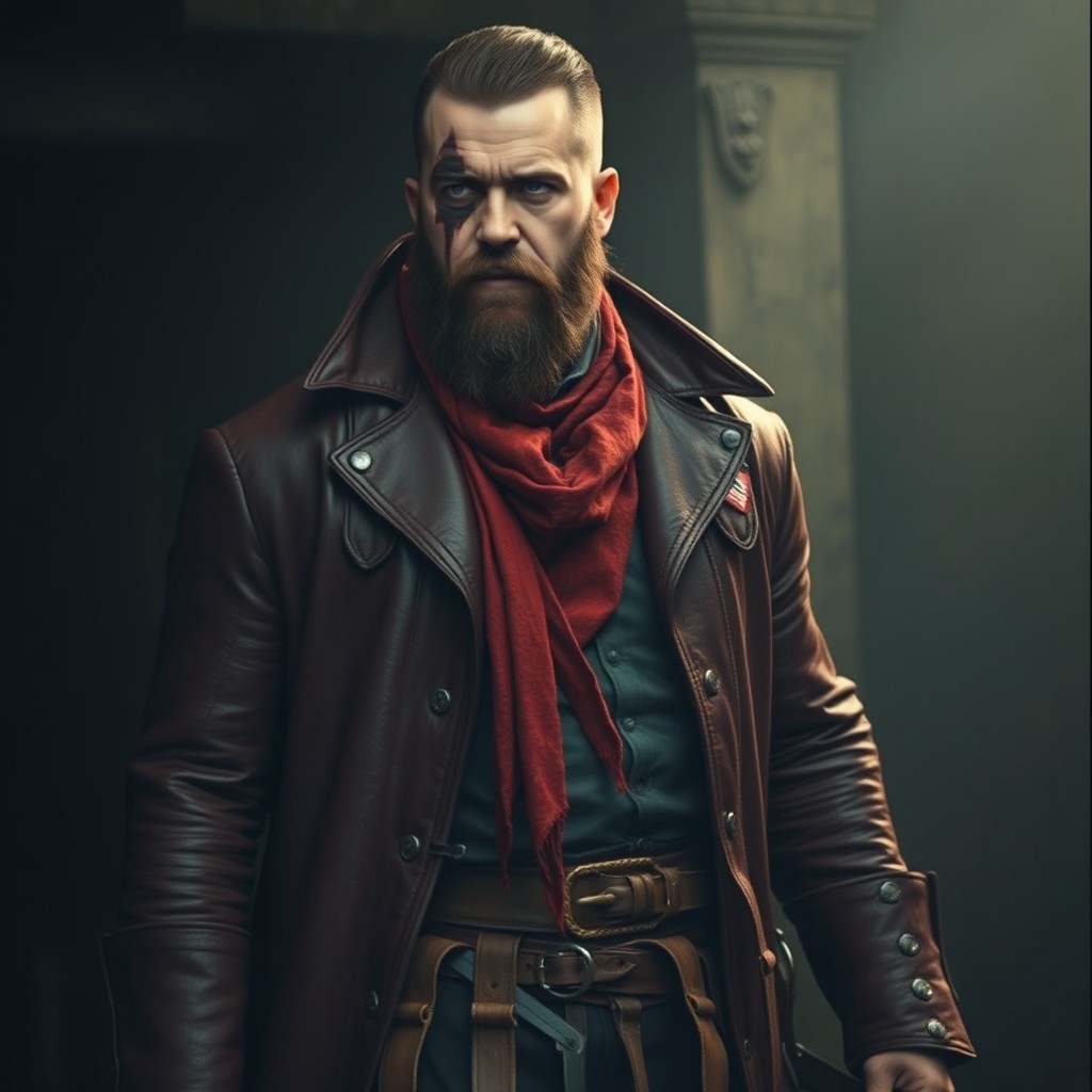 A rugged man around 35 years old, tall and robust build, with the left side of his face severely scarred from a burn that impedes beard growth, leaving his left eye a milky white color
