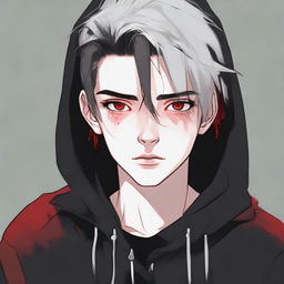 Portrait of a 16/17-year-old boy with half-black, half-white hair, one red eye, and one brown eye. He is wearing a black hoodie with subtle black details, a black scarf, and black pants.