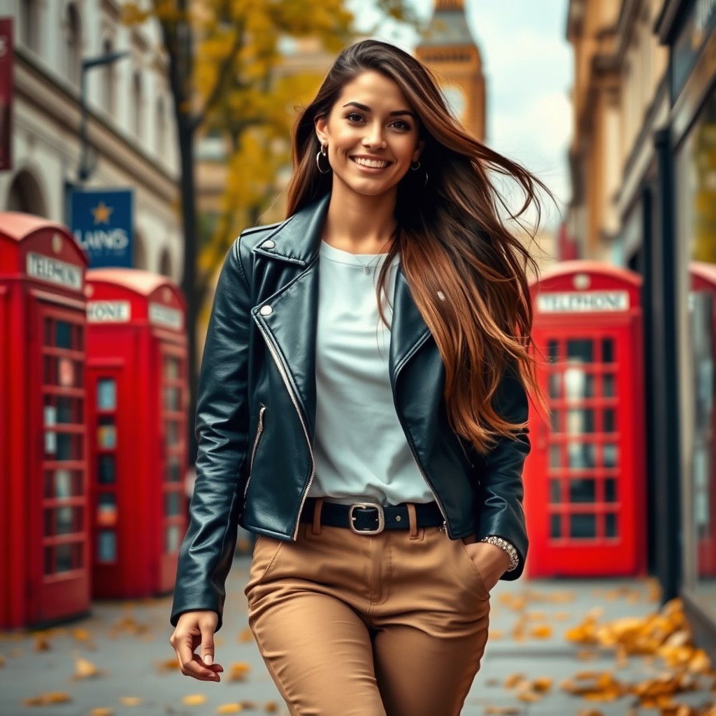 A stylish and attractive woman with long flowing hair, dressed in a trendy outfit, confidently walking through a vibrant urban street in the UK