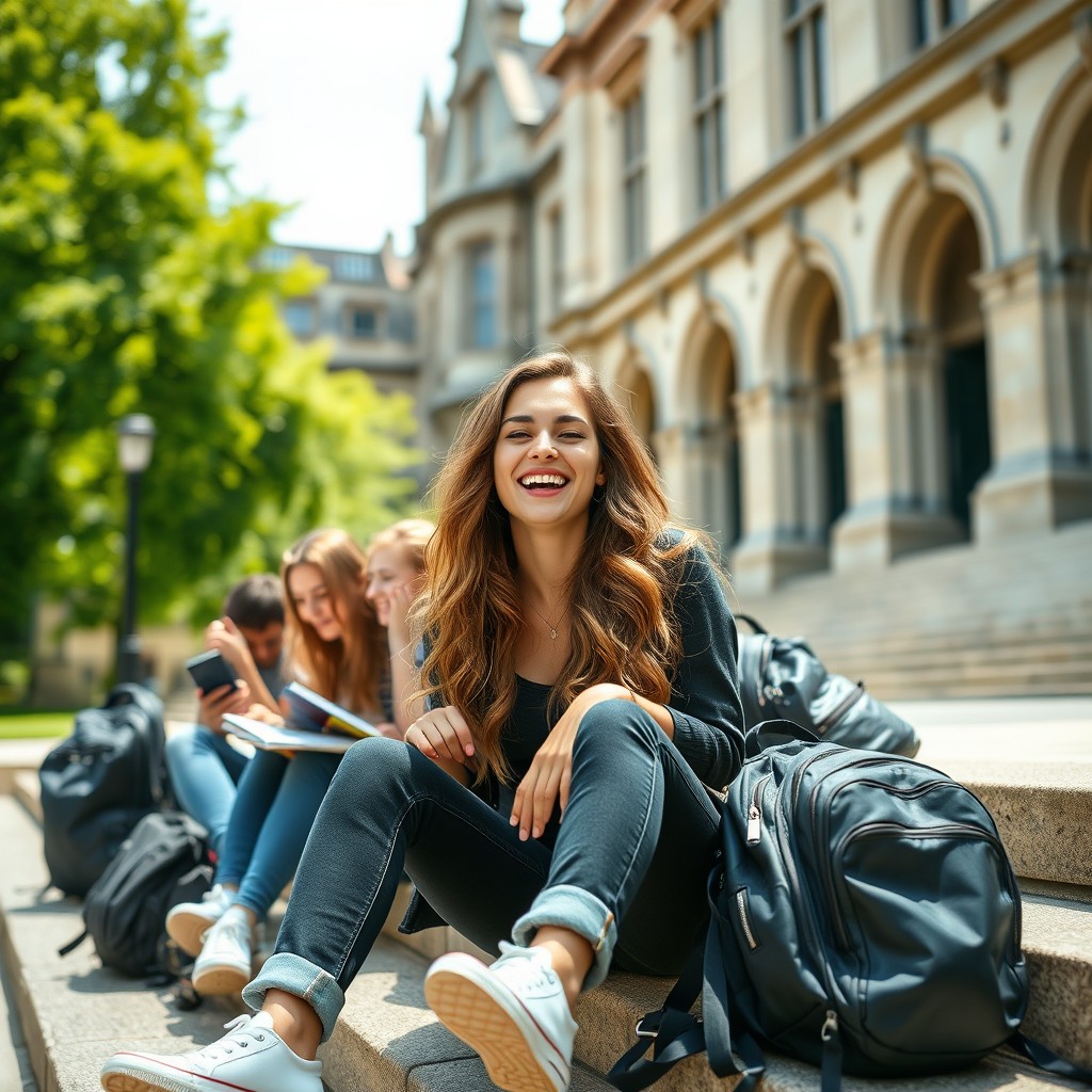 A charming UK college scene featuring a stylish young woman with long, wavy hair, dressed in trendy casual attire, sitting on the steps of a historic university building
