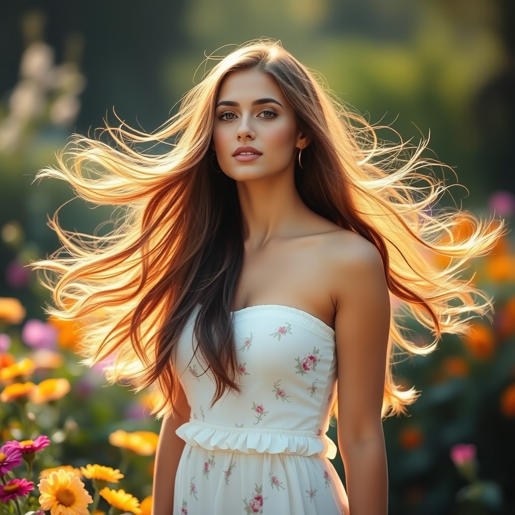 A beautiful woman with flowing hair standing in a serene natural setting, looking elegant and free, surrounded by colorful flowers and soft lighting, with a dreamy expression, conveying a sense of freedom and beauty, showcasing her confidence in a tasteful manner