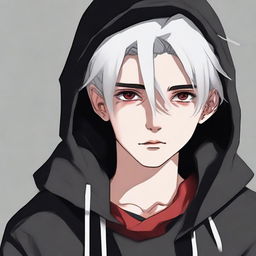 Portrait of a 16/17-year-old boy with half-black, half-white hair, one red eye, and one brown eye. He is wearing a black hoodie with subtle black details, a black scarf, and black pants.