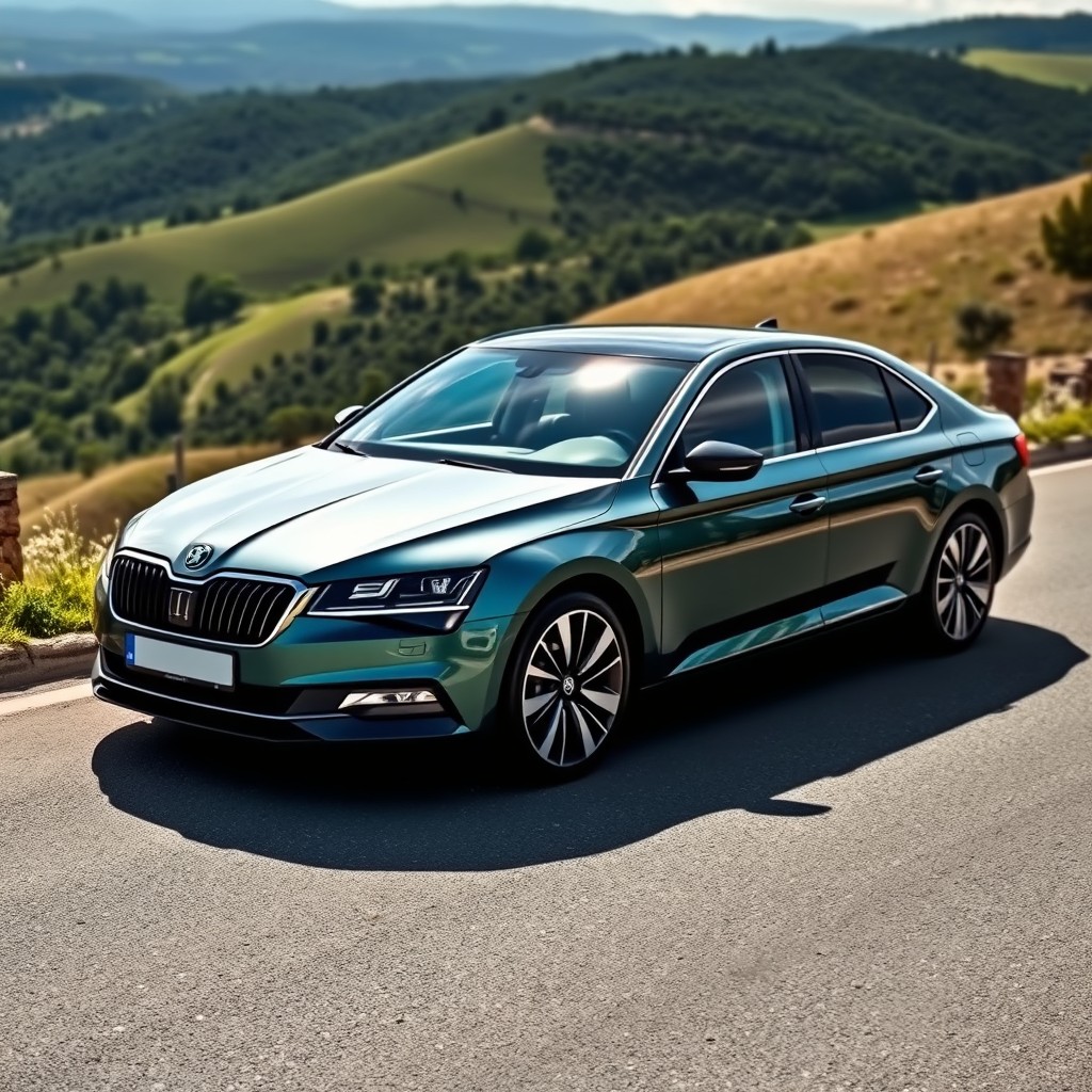 A sleek and stylish dark emerald and silver 2018 Skoda Superb parked on a scenic road