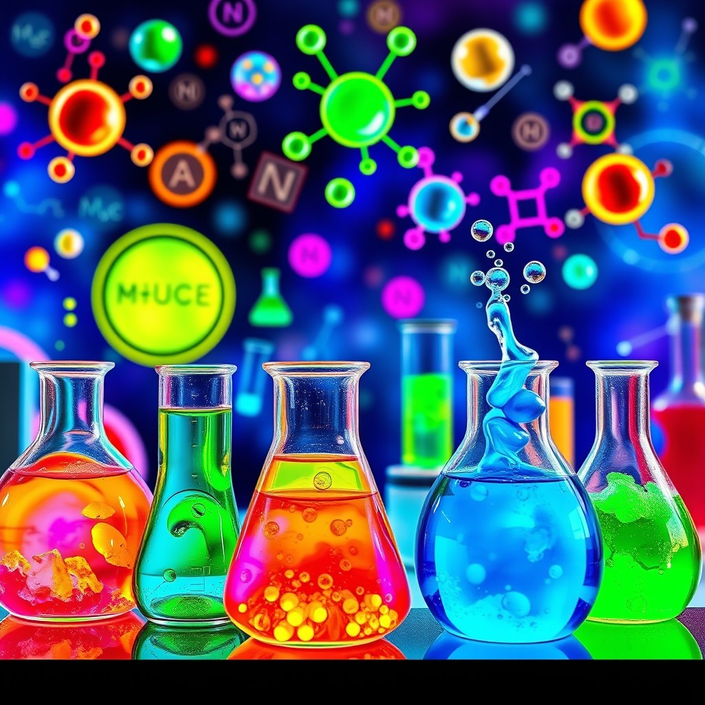 A vibrant and colorful representation of a chemistry journey, featuring various chemical elements and compounds in vivid colors
