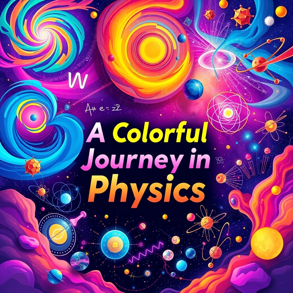 A vibrant and colorful representation of a journey through physics, featuring dynamic imagery related to physics concepts such as gravity, motion, and energy