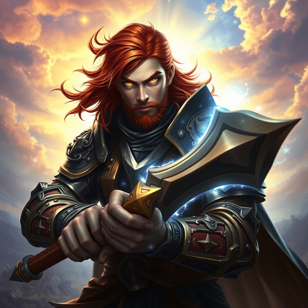 A 25-year-old male Aasimar retribution paladin with striking auburn hair and strong facial features, his radiant glowing eyes filled with determination