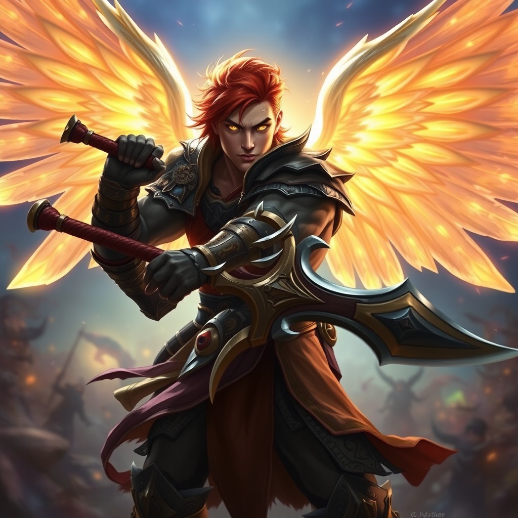 A 25-year-old male Aasimar retribution paladin with distinctive auburn hair and strong facial features, his radiant glowing eyes reflecting valor and determination