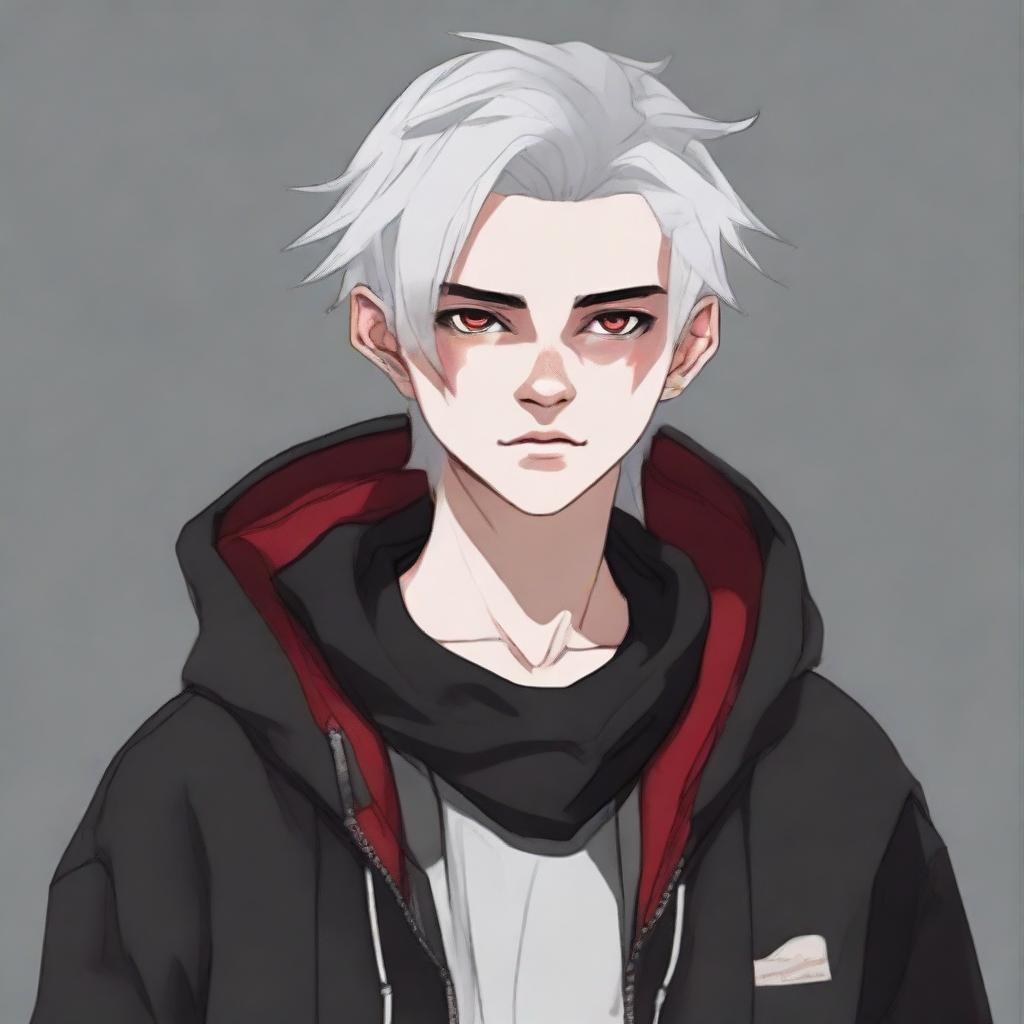 Portrait of a 16/17-year-old boy with half-black, half-white hair, one red eye, and one brown eye. He is wearing a black hoodie with subtle black details, a black scarf, and black pants.