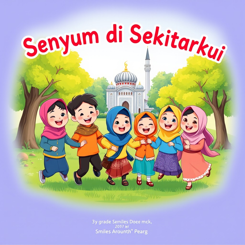 A colorful book cover illustration for a children's picture book titled "Senyum di Sekitarku" (Smiles Around Me)