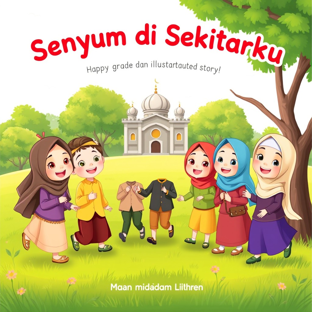 A vibrant and cheerful book cover for an illustrated story titled "Senyum di Sekitarku"