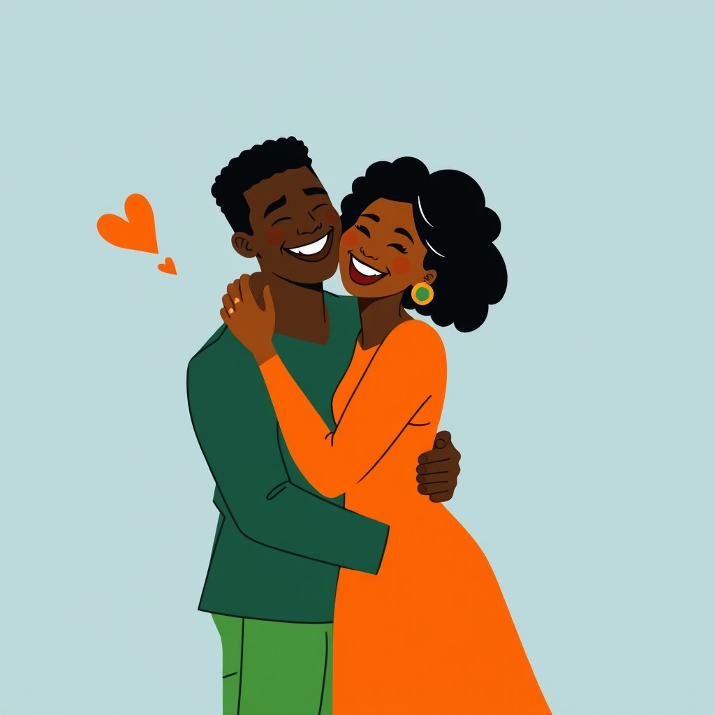 A minimalistic depiction of a joyful black couple embracing, characterized by bold and vibrant colors