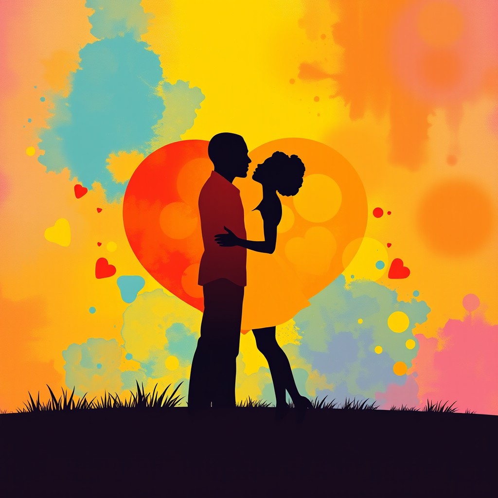 A minimalistic artwork depicting a black couple in love, characterized by vibrant colors