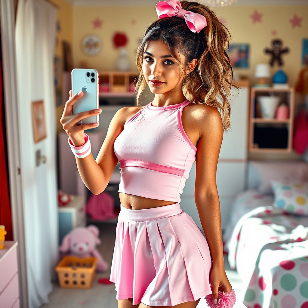 A stunning 18-year-old Arabic woman with a gorgeous thin and slender figure, featuring large breasts, a tiny waist, and very wide hips