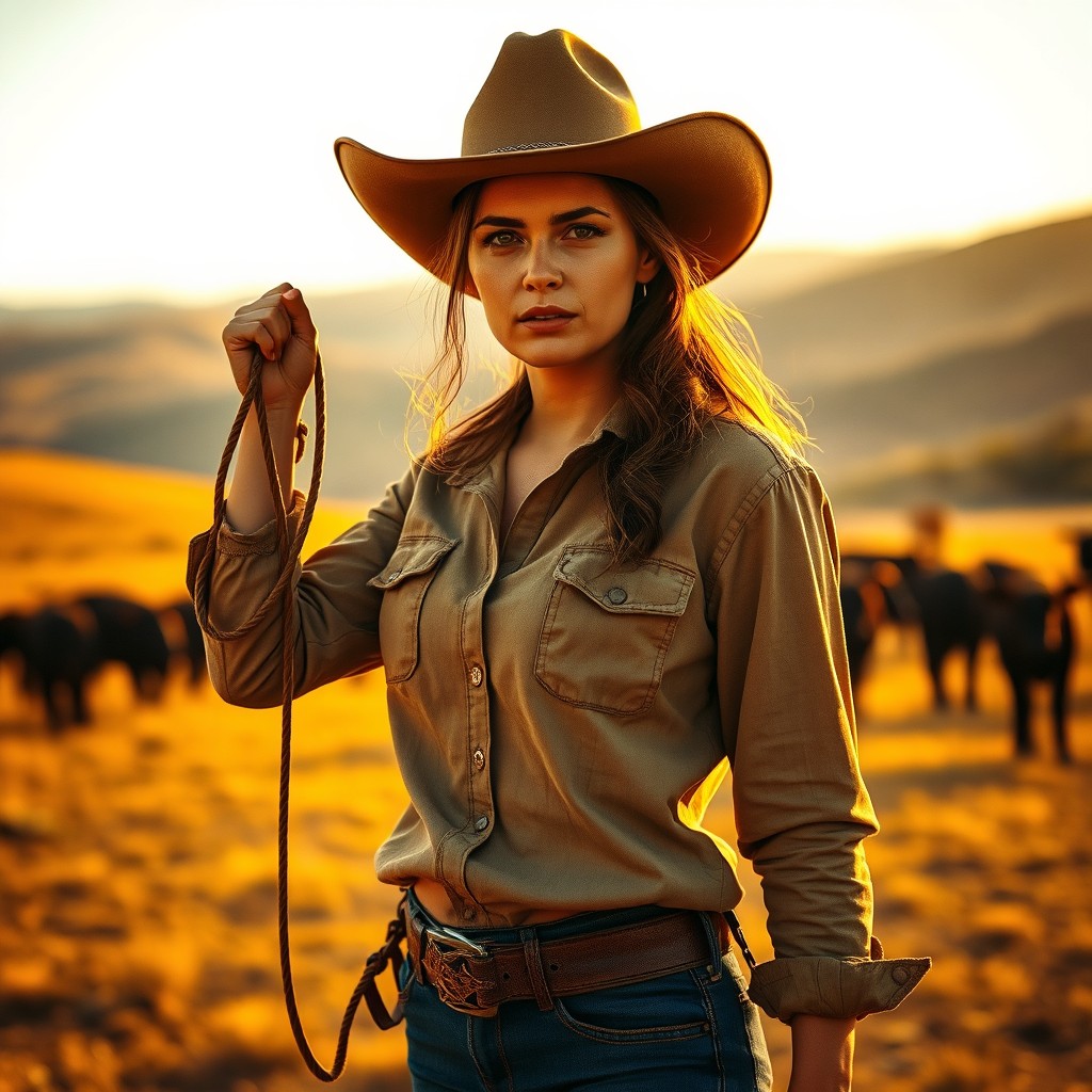 A striking image set in the context of the Wild West, featuring a woman standing confidently from the waist up