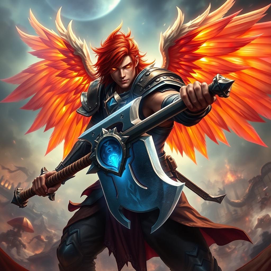A 25-year-old male Aasimar vengeance paladin with vibrant auburn hair and strong masculine features, his radiant glowing eyes showcasing fierce determination
