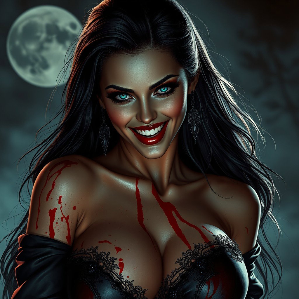A stunningly sexy vampire with an irresistible charm, showcasing a perfectly sculpted body exuding pure seduction