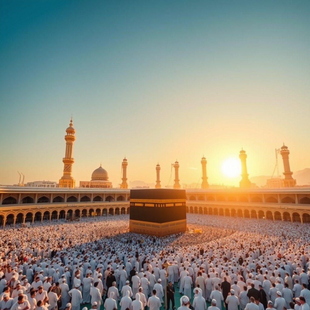 A stunning visual representation of the grand city of Mecca, showcasing the iconic Kaaba at the center of the Masjid al-Haram, surrounded by thousands of pilgrims in white garments