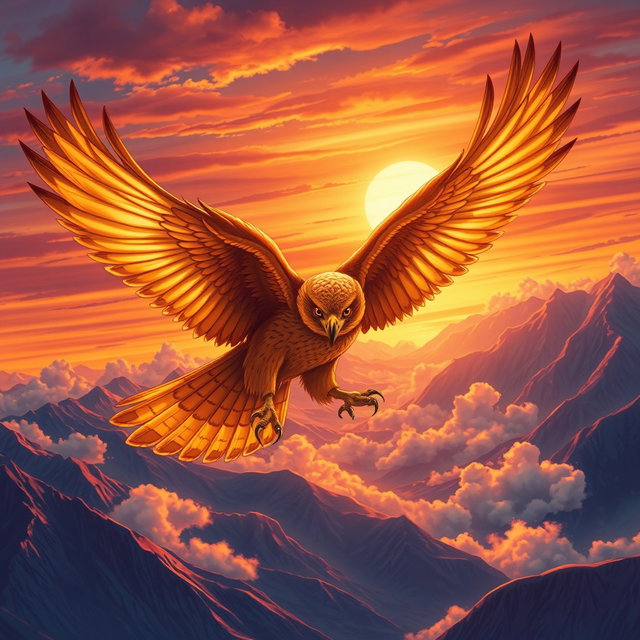 An intricately detailed illustration of a golden falcon soaring through a vibrant sunset sky, with dynamic feathers displaying shades of gold and red