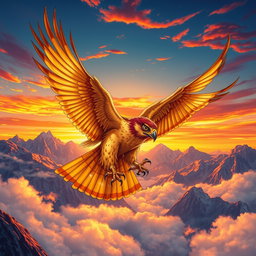 An intricately detailed illustration of a golden falcon soaring through a vibrant sunset sky, with dynamic feathers displaying shades of gold and red