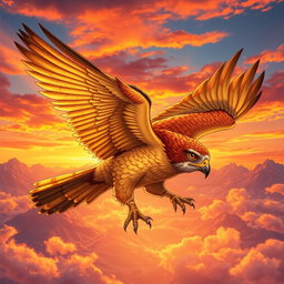 An intricately detailed illustration of a golden falcon soaring through a vibrant sunset sky, with dynamic feathers displaying shades of gold and red