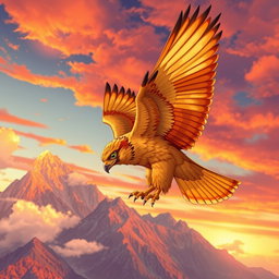An intricately detailed illustration of a golden falcon soaring through a vibrant sunset sky, with dynamic feathers displaying shades of gold and red