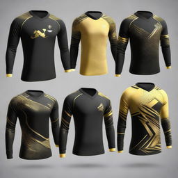 Multiple variations of a sleek, full-sleeved e-sports jersey. Each design features a dominant black colour contrasted by vibrant gold details, varying in style, pattern and gold placement.