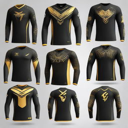 Multiple variations of a sleek, full-sleeved e-sports jersey. Each design features a dominant black colour contrasted by vibrant gold details, varying in style, pattern and gold placement.