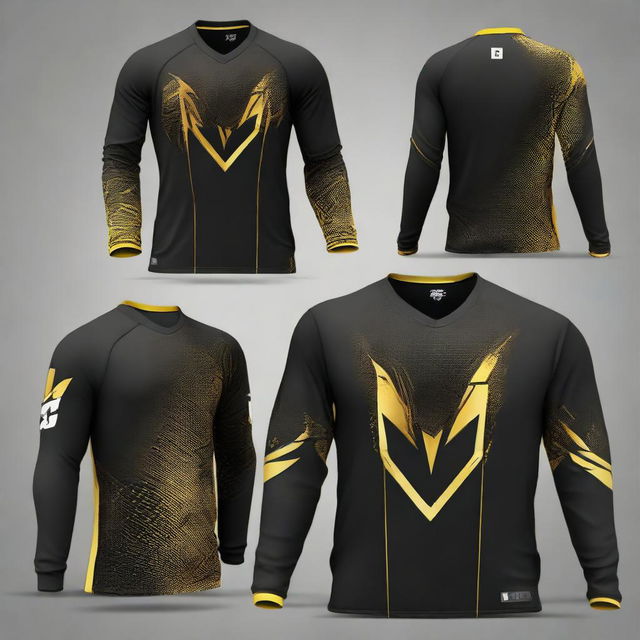 Multiple variations of a sleek, full-sleeved e-sports jersey. Each design features a dominant black colour contrasted by vibrant gold details, varying in style, pattern and gold placement.