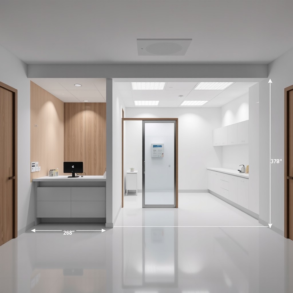 Design a clinical laboratory reception area and laboratory space, with the reception area measuring 2