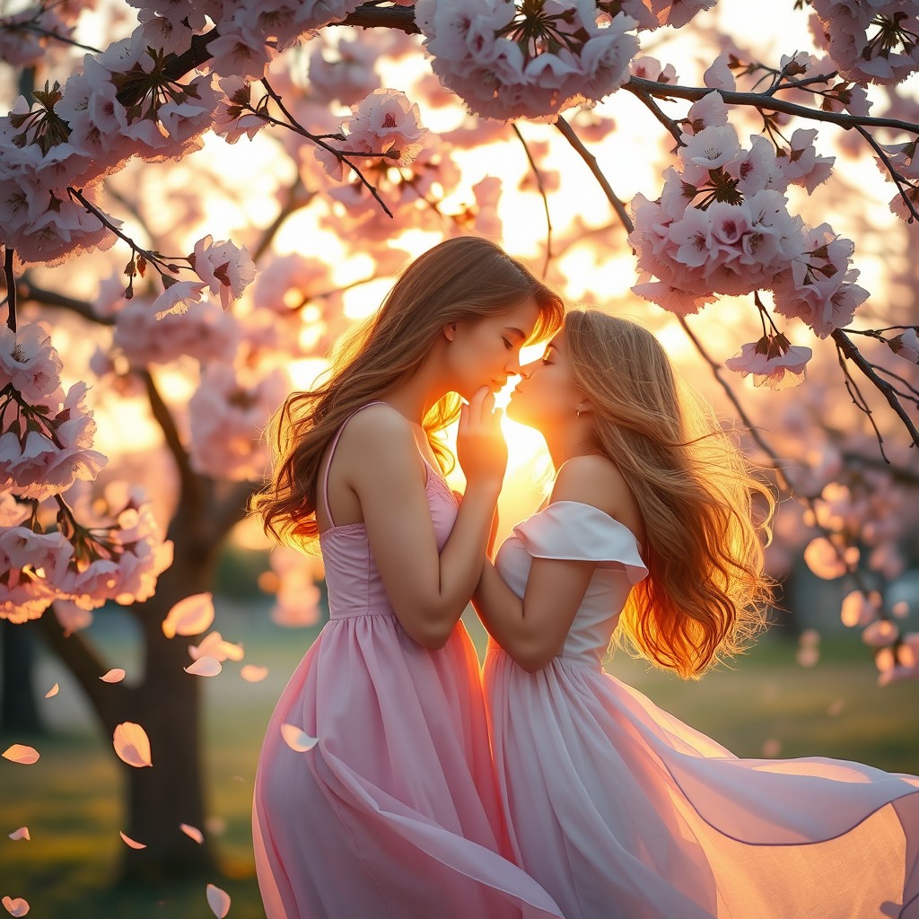 A romantic scene featuring two women gently kissing each other under a cherry blossom tree in full bloom