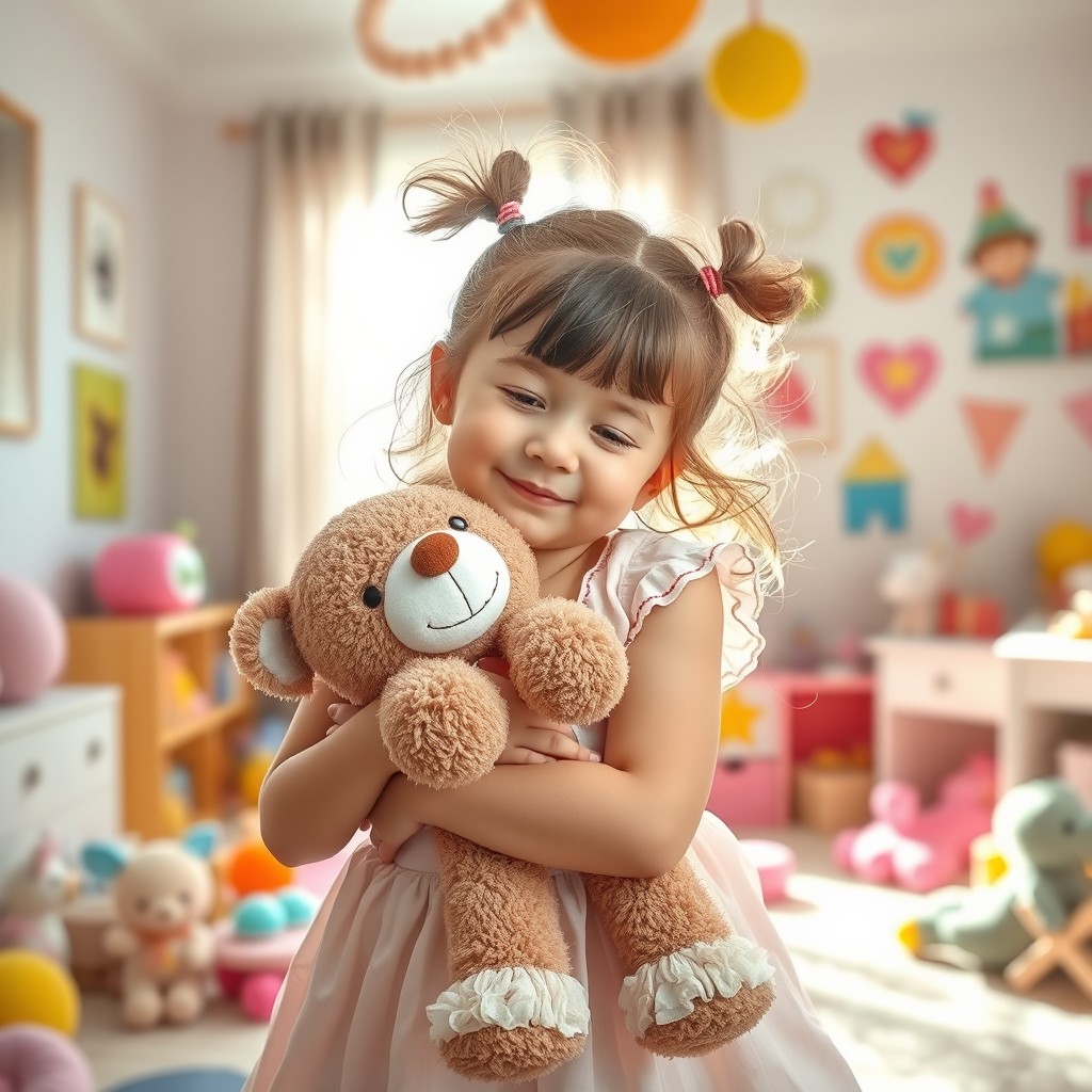 A soft and warm scene of a young girl playfully kissing her favorite stuffed animal, surrounded by a colorful bedroom filled with toys and bright decorations