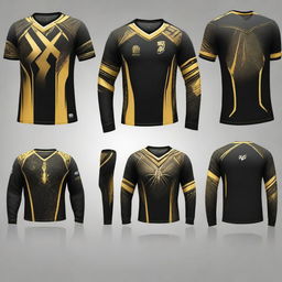 Multiple variations of a sleek, full-sleeved e-sports jersey. Each design features a dominant black colour contrasted by vibrant gold details, varying in style, pattern and gold placement.