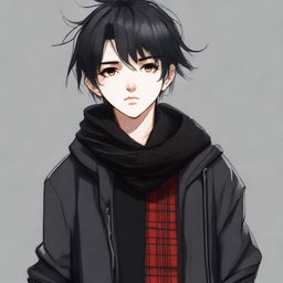 A 16/17 year old boy with half white, half black hair. One eye is red, the other is brown. He is dressed in a black sweater with black details, a black scarf, and black pants.