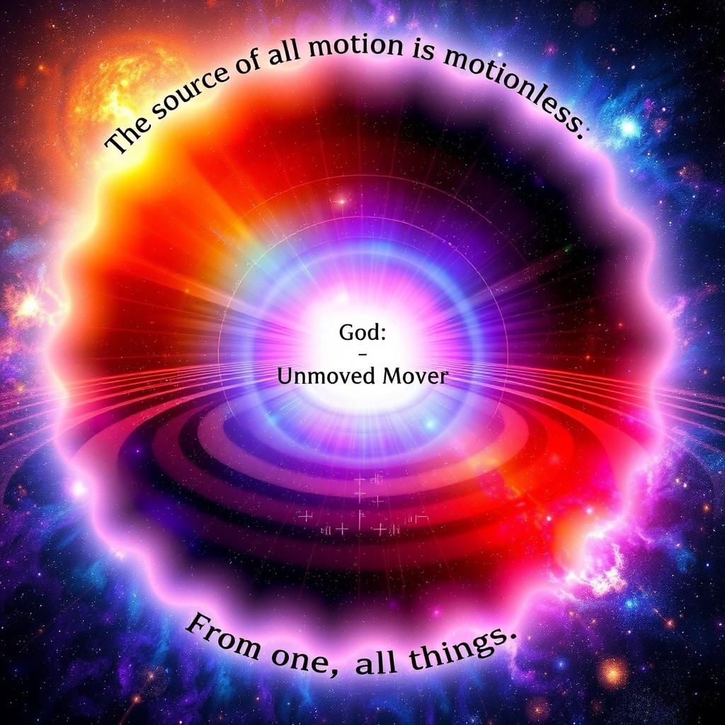 An abstract representation of an unmoved, central point radiating vibrant energy outward, creating ripples that evolve into the universe