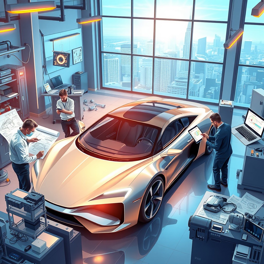 A vibrant and dynamic automotive company preliminary stage illustration, featuring a sleek and modern car design, well-lit workshop space with advanced automotive technology