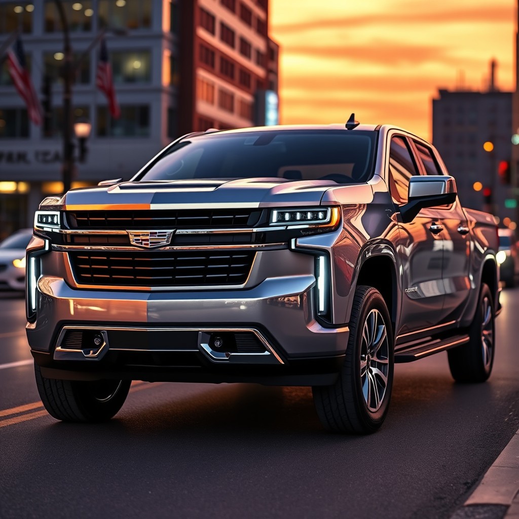 A 2025 Silverado styled with a Cadillac front fascia, showcasing a sleek and luxurious look