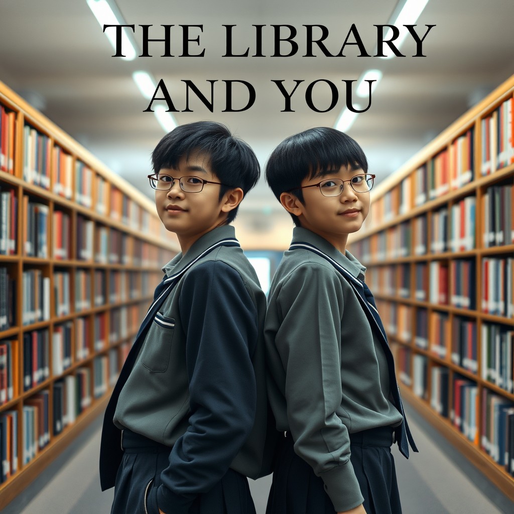 Two high school students wearing matching school uniforms, standing back to back in a library setting, surrounded by rows of bookshelves filled with books