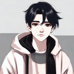 A 16/17 year old boy with half white, half black hair. One eye is red, the other is brown. He is dressed in a black sweater with black details, a black scarf, and black pants.