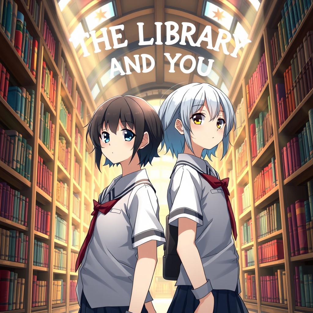 Two anime-style high school students wearing matching school uniforms, standing back to back in a beautifully illustrated library filled with colorful books and intricate bookshelves