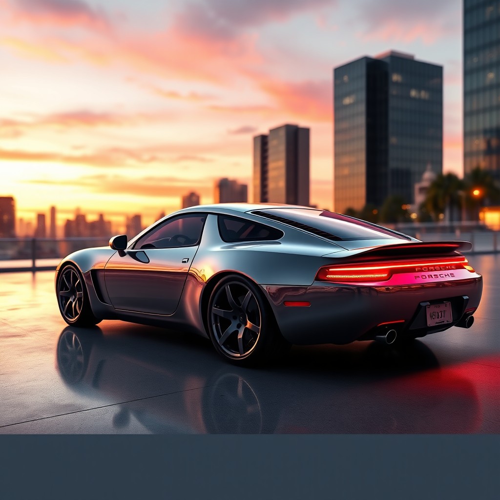 A stunning digital concept art of a Porsche 928, showcasing a sleek and futuristic design with smooth curves and sharp angles