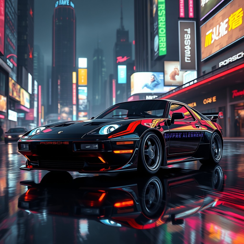 A breathtaking digital concept art of a Porsche 928 reimagined in a Cyberpunk aesthetic