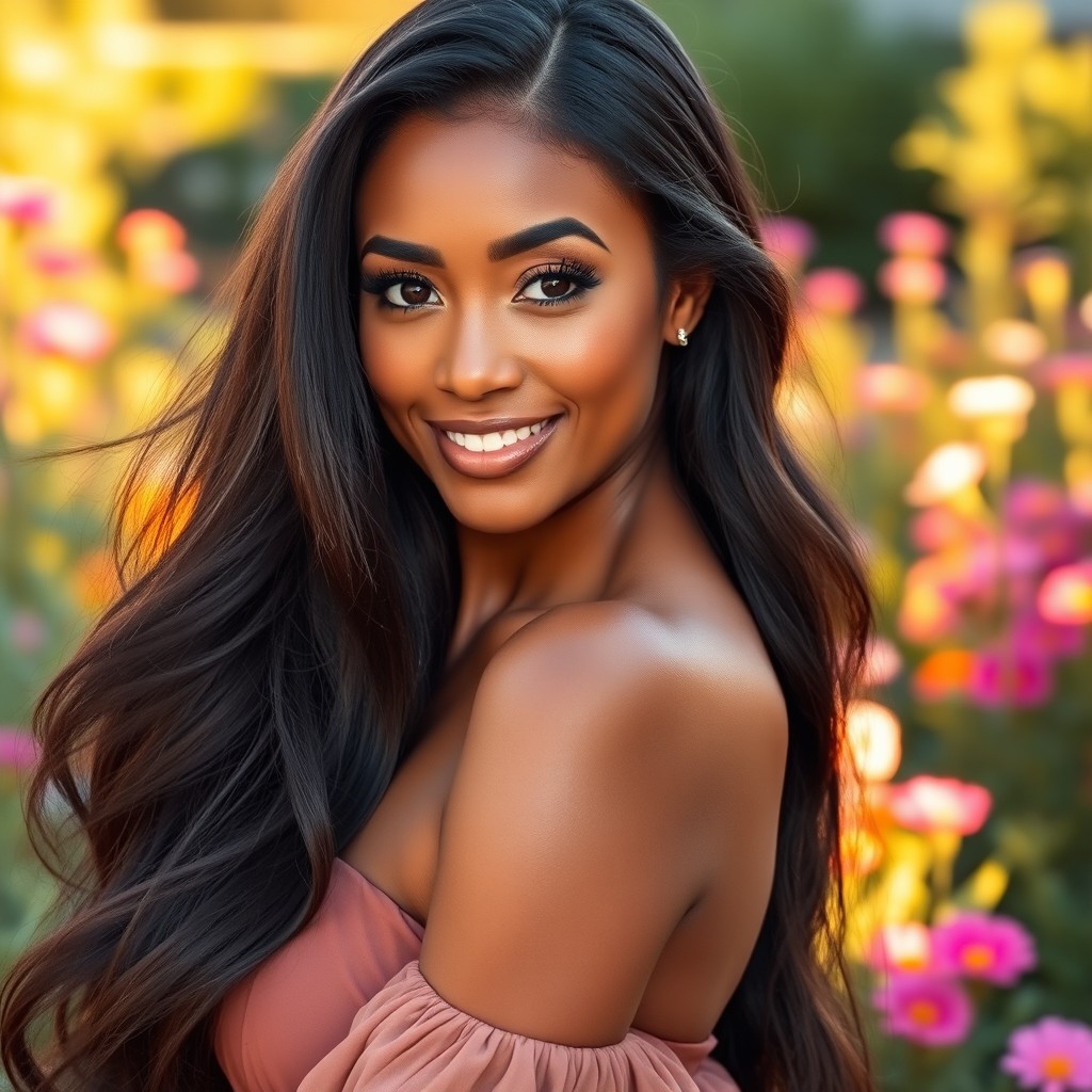 A stunningly beautiful brown-skinned woman with long, flowing dark hair
