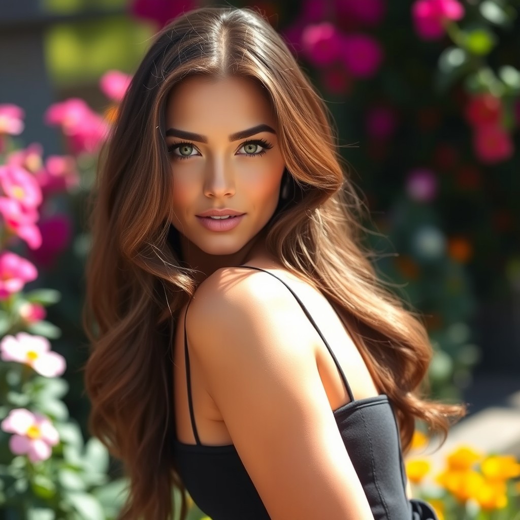 A stunning beautiful brunette woman with long, wavy hair and captivating hazel eyes, wearing a stylish outfit that accentuates her figure