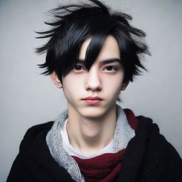 A 16/17 year old boy with half white, half black hair. One eye is red, the other is brown. He is dressed in a black sweater with black details, a black scarf, and black pants.