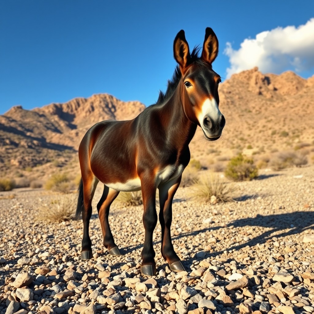 A rugged mule standing majestically in a picturesque gravel landscape, surrounded by rocky hills and sparse desert vegetation