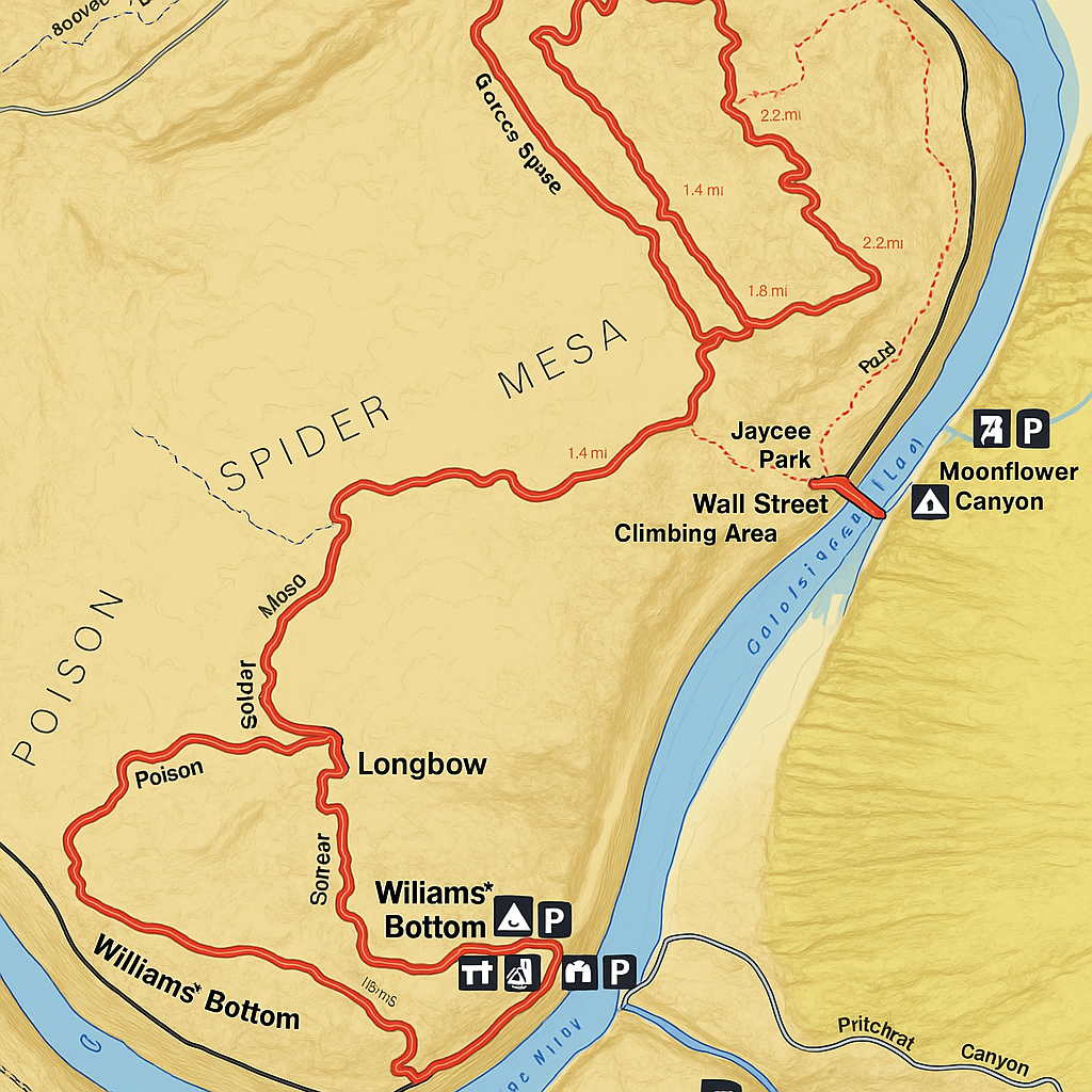 recreate this map of the poison spider trail near moab utah.  Make the red trail more visible