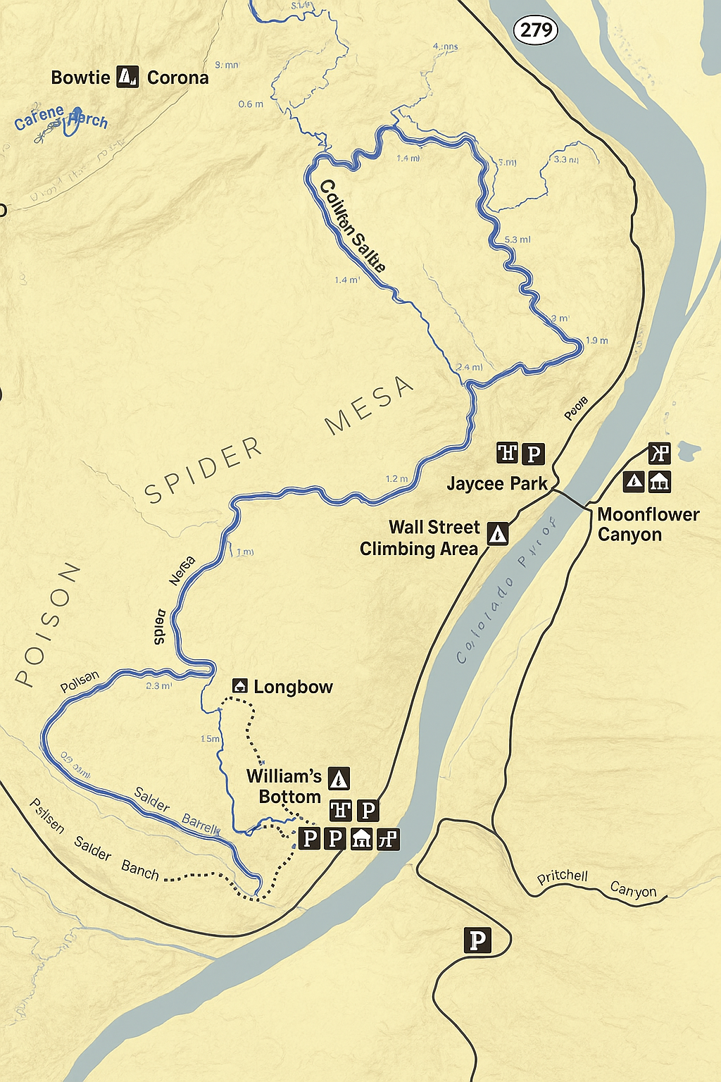 recreate a map that keeps the same exact trail here, Make the red line BLUE and make the map color a little different