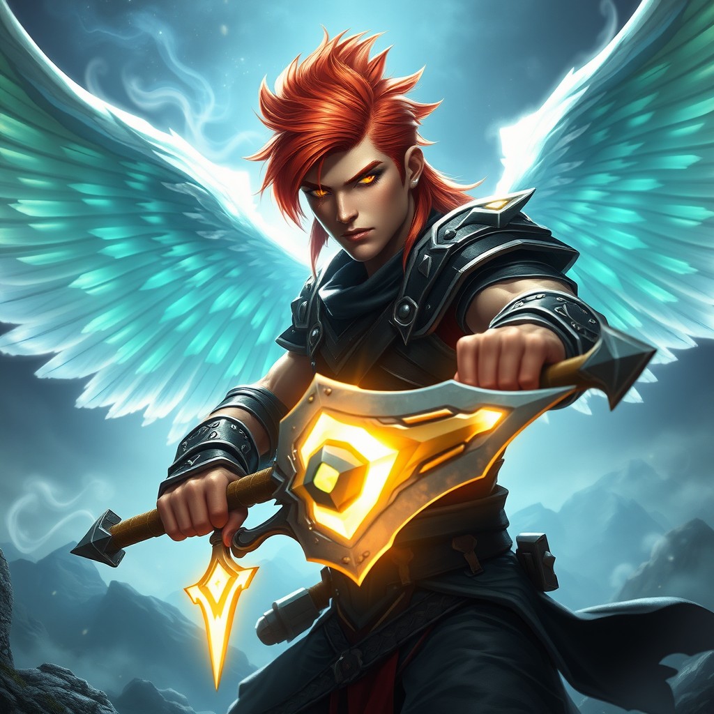 A 25-year-old male Aasimar vengeance paladin sporting a stylish modern auburn mullet hairstyle and strong masculine features, his radiant glowing eyes exuding confidence and power