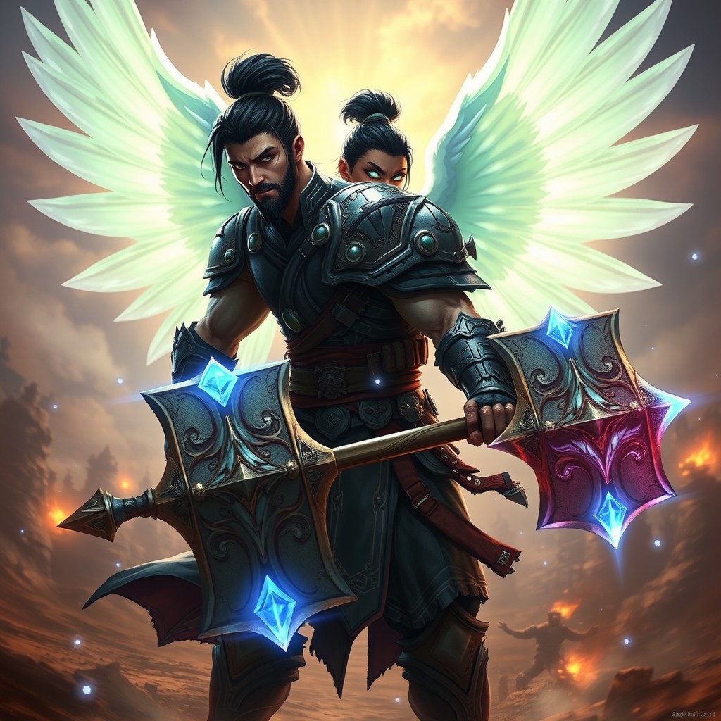 A 25-year-old male Aasimar vengeance paladin with striking black Japanese style man bun hair and strong masculine features, his radiant glowing eyes filled with determination and resolve