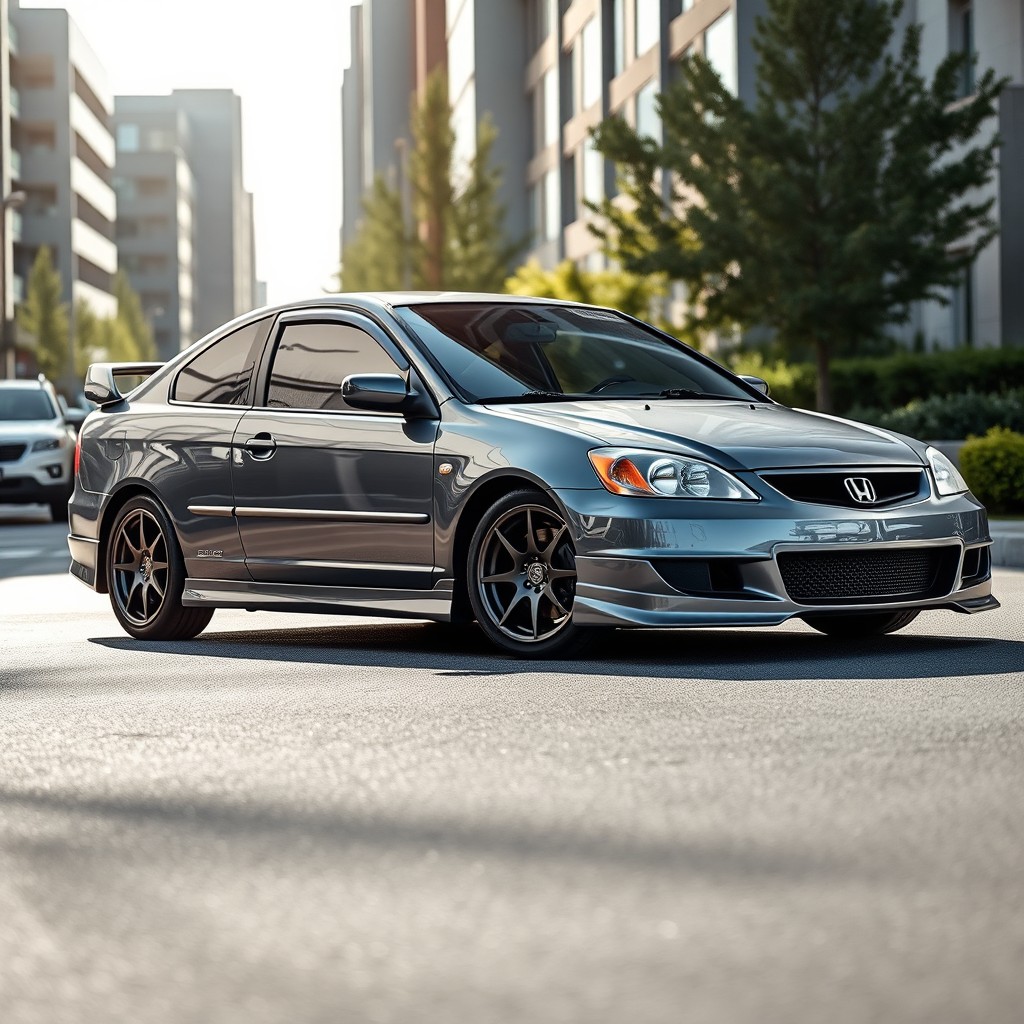A sleek 2004 Honda Civic in stunning Nardo gray color, parked on a picturesque urban street